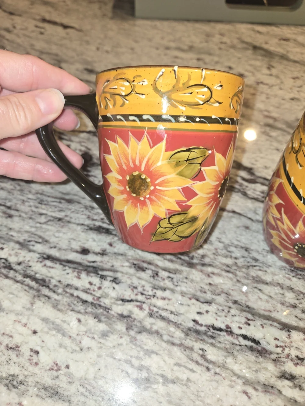 Pier 1 Imports Sunflower Coffee Mug Hand Painted Terracotta 12oz Set Of 2